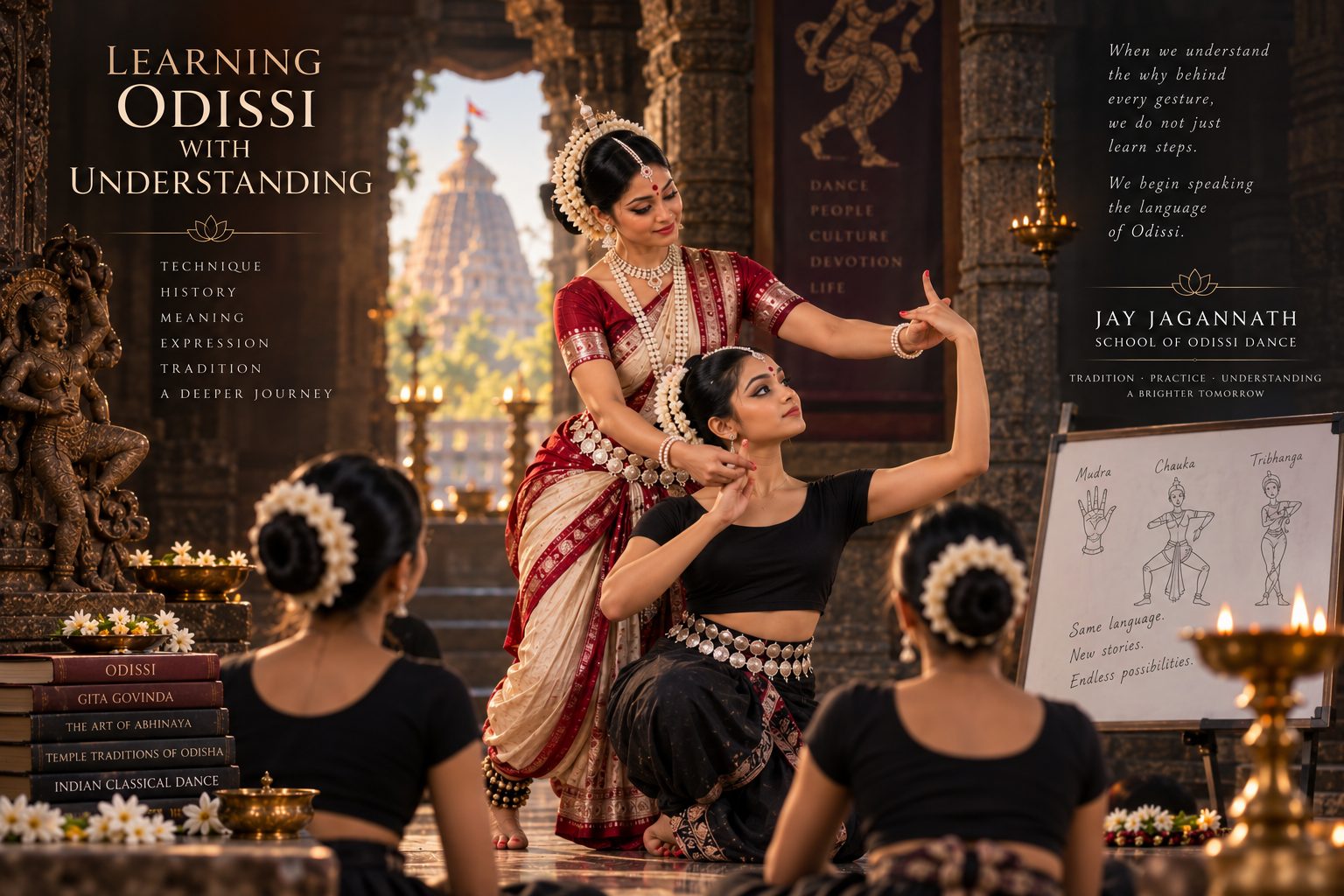 Odissi teacher correcting a student's arm position while other students watch, beside a board with Mudra, Chauka and Tribhanga sketches